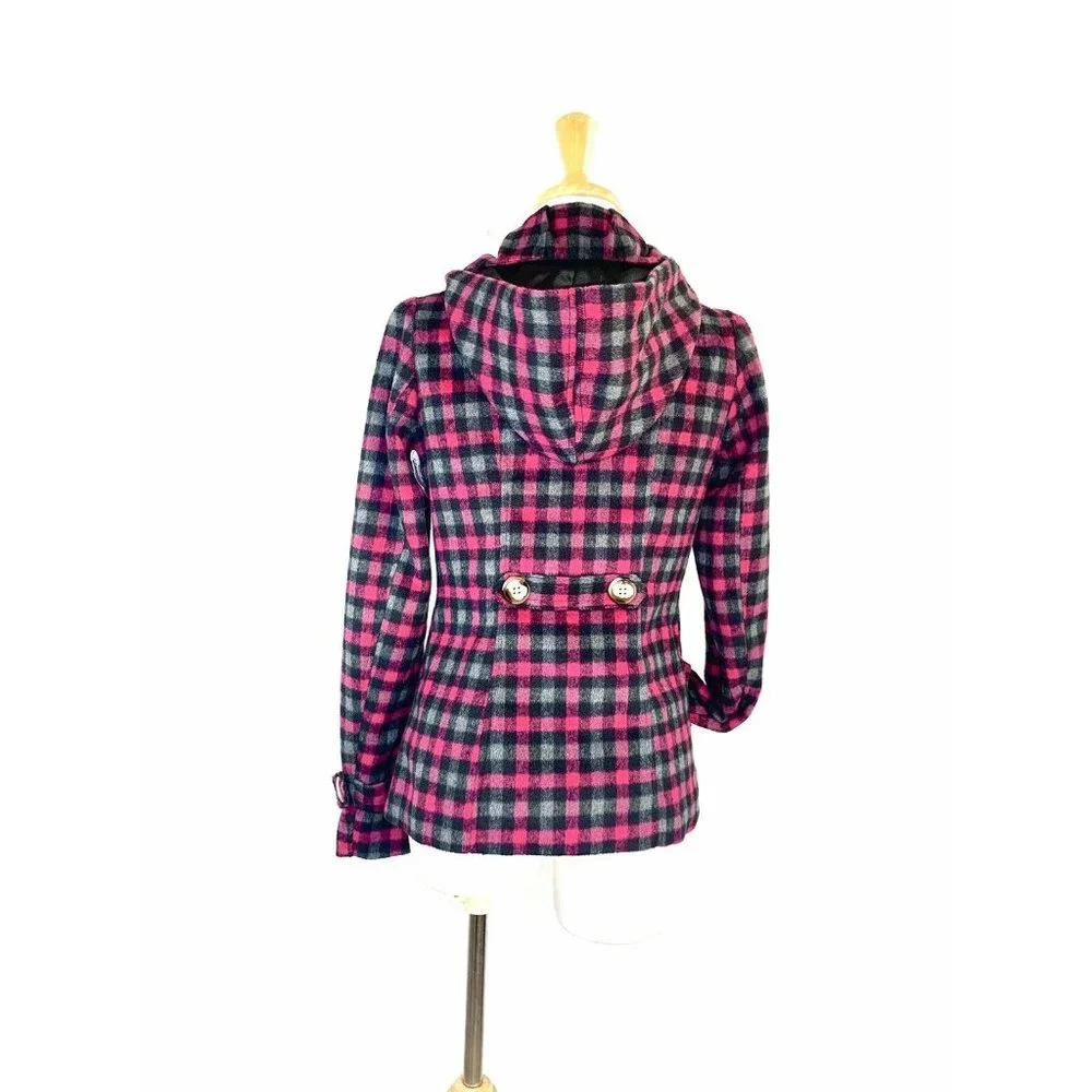 Pink Envelope Women’s Peacoat Hooded Plaid Double Breasted Look Jacket Small - Picture 7 of 11